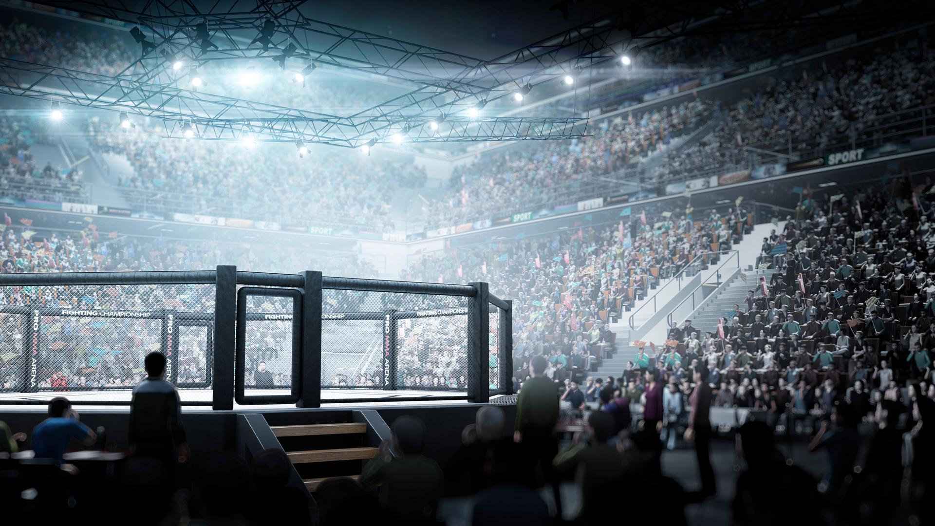 Fighting Championship. MMA octagon. Digital sport 3D. MMA cage night. Sport arena with fans and shining spotlights. Fight night. Full tribune