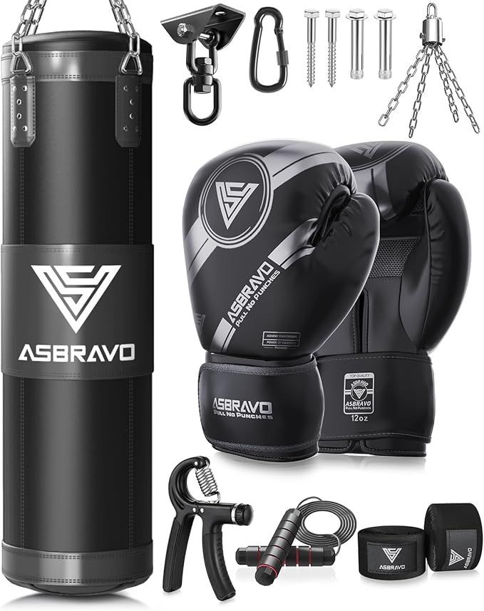 ASBRAVO 4ft Heavy Punching Bag Set for Adults – Oxford Boxing Bag with 12oz Gloves for MMA, Muay Thai & Fitness Training