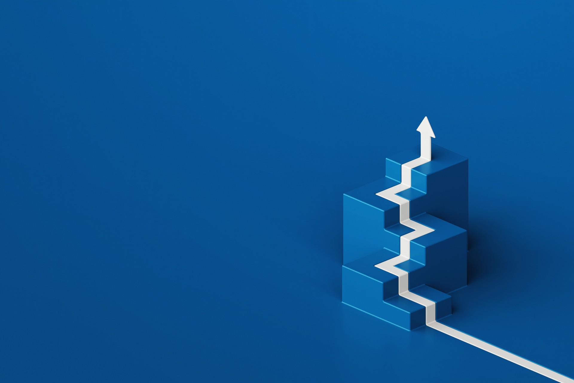White arrow flows on cube stair shape against blue backdrop, business way concept, minimal style, 3d rendering but make it a little bit blurry